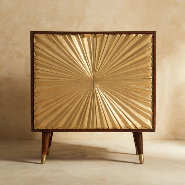 Front view of the Manila Gold Cabinet showing its brass-plated doors and chestnut finish
