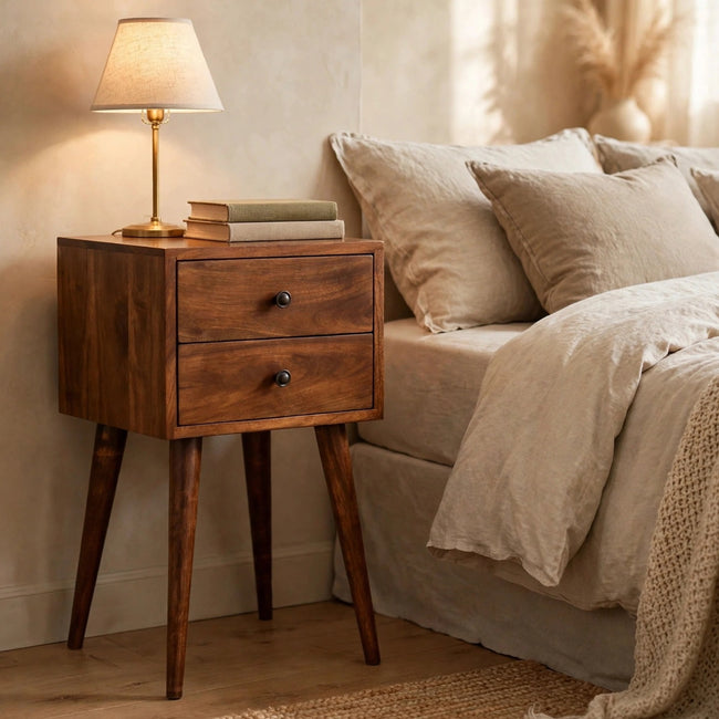 Mini 2 drawer chestnut bedside table in solid mango wood styled in a bedroom