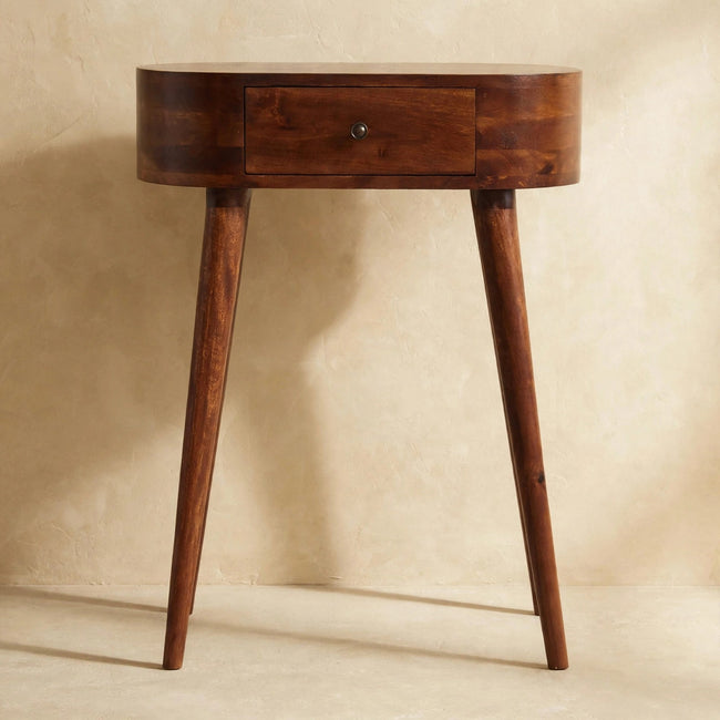 Front view of the Mini Albion console table with its chestnut finish and Scandinavian-style legs
