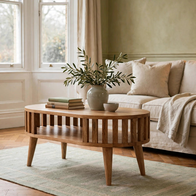 Mini Ariella solid mango wood coffee table in a living room