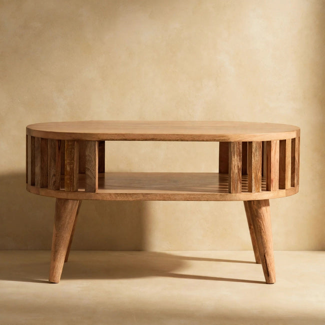 Small coffee table with an oak-ish natural finish styled in a living room