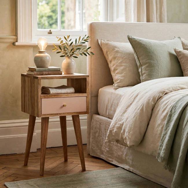 Mini Blush hand-painted bedside table with a blush pink drawer, shown in a bedroom