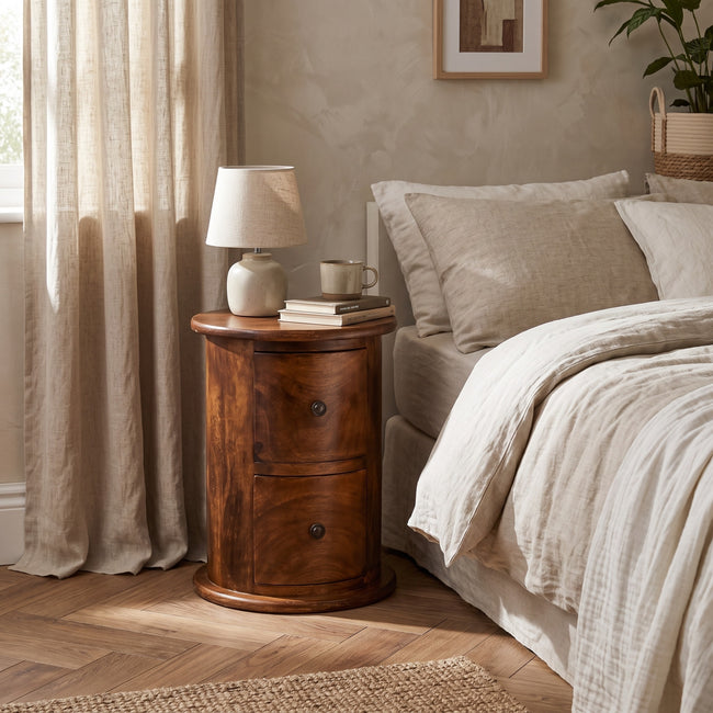 Mini chestnut 2 drawer round drum chest in solid mango wood shown in a room setting