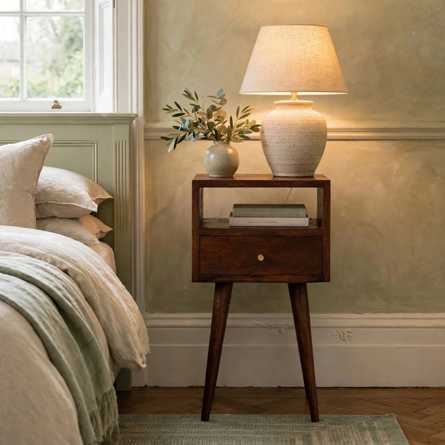 Mini Chestnut Bedside Table in solid mango wood styled in a bedroom