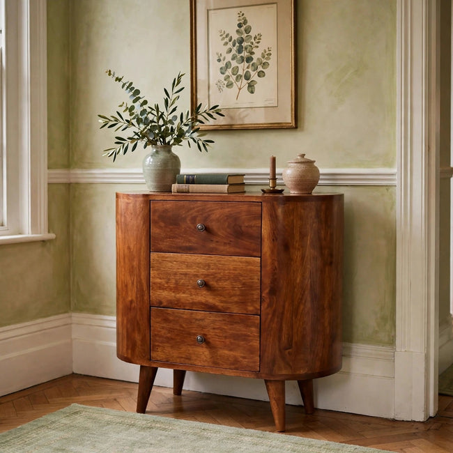 Mini chestnut cabinet in solid mango wood styled in a living room