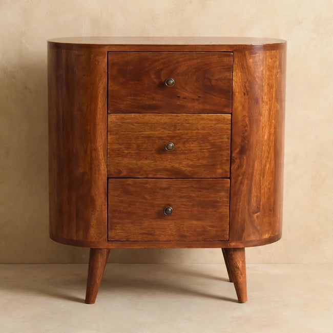 Front view of the mini chestnut cabinet showing three drawers with shiny knobs