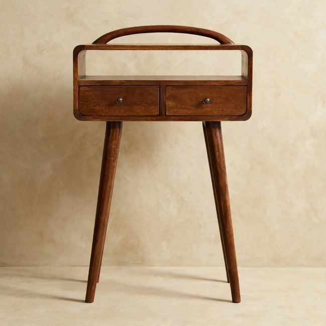 Mini chestnut console table with two drawers and an open slot, shown in a room setting