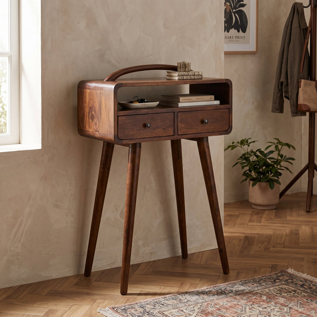 Mini Chestnut Console Table in solid mango wood placed against a wall in a hallway