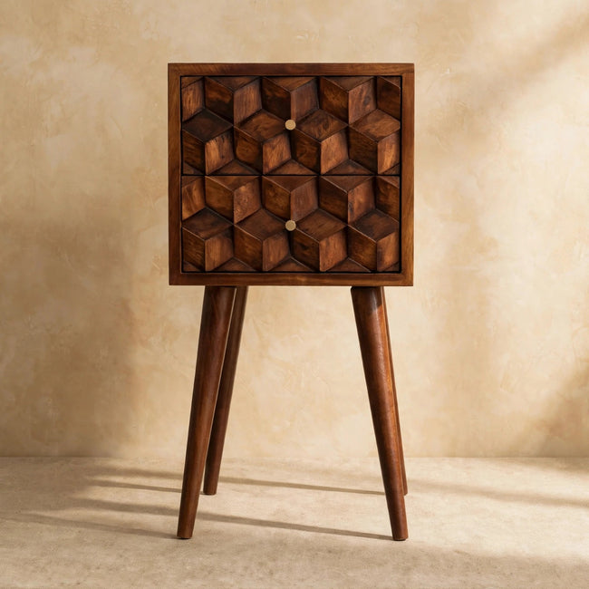 Chestnut-finish bedside table with brass-finished knobs next to a bed