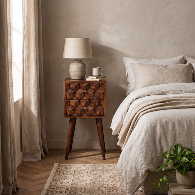 Mini chestnut mango wood bedside table with two cube-carved drawers, shown in a bedroom setting