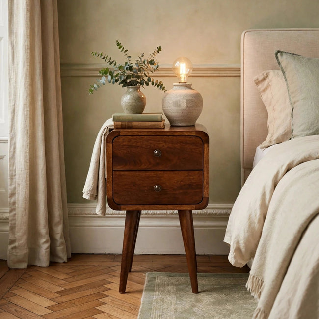 Mini chestnut curved bedside table with two drawers in a bedroom