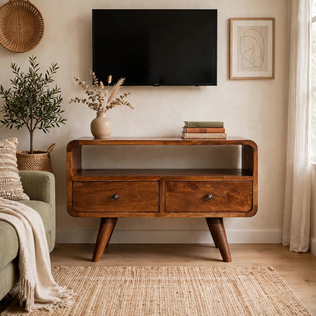 Mini chestnut curved media unit with 2 drawers in a living room setting