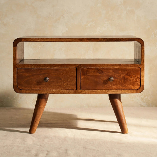 Front view of the chestnut mango wood media unit showing two drawers with shiny knobs