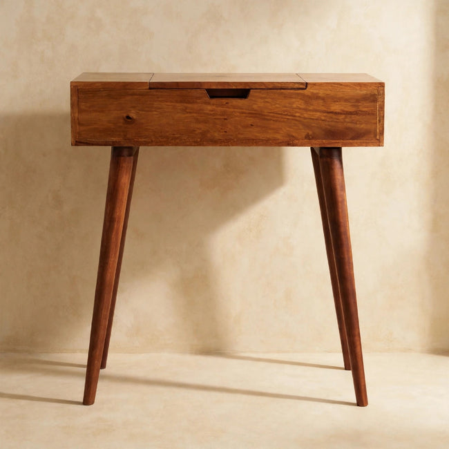 Chestnut-finish mango wood dressing table with foldable mirror and Nordic-style legs