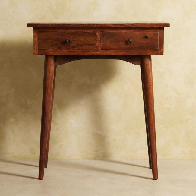 Front view of the chestnut-finish hallway console table in a room setting