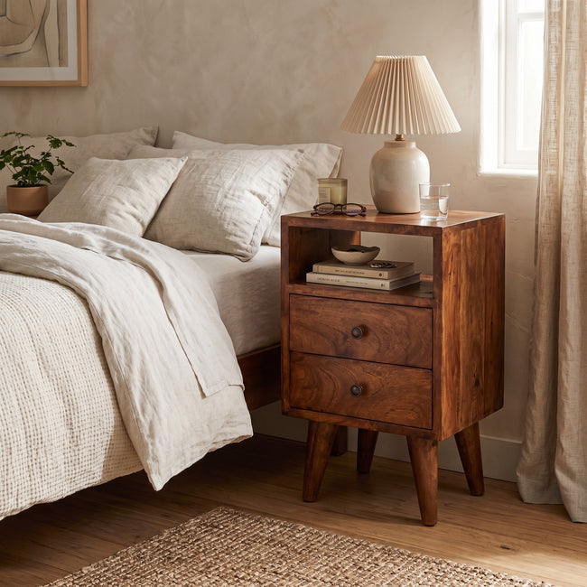 Mini Classic Chestnut Bedside Table in solid mango wood styled in a bedroom