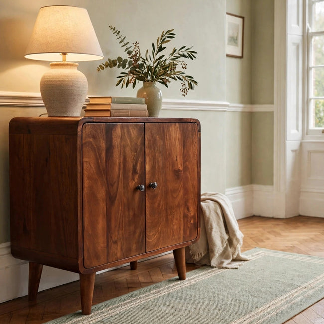 Mini classic chestnut cabinet in solid mango wood, shown in a living room
