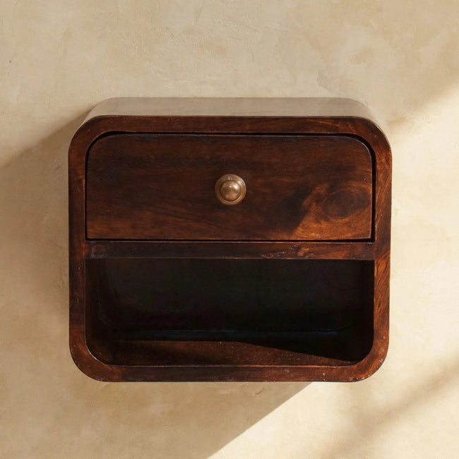 Mini Curved California Walnut Wall Mounted Bedside with Open Slot
