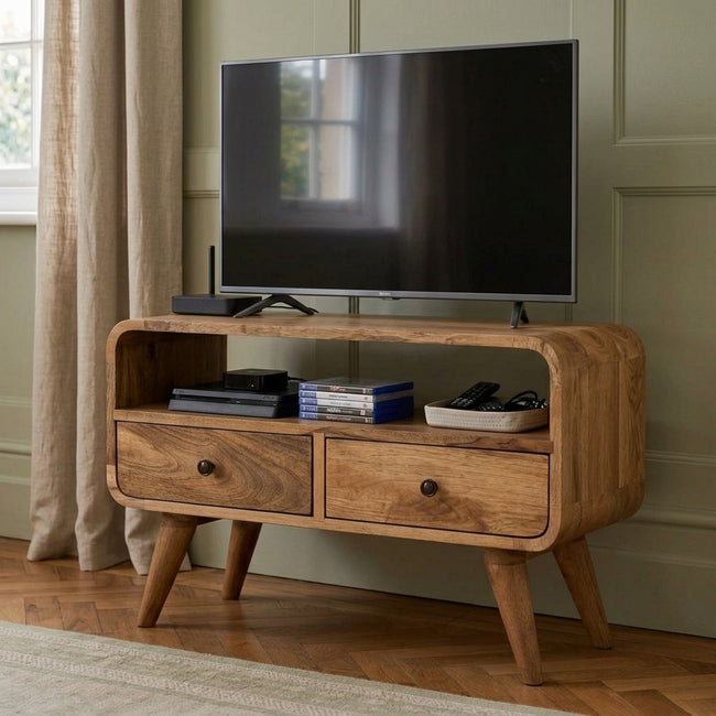 Mini curved oak-ish media unit with two drawers in a living room setting