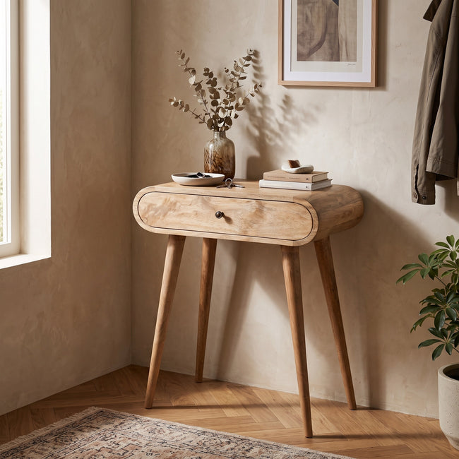 Mini London solid mango wood console table with drawers in a room setting