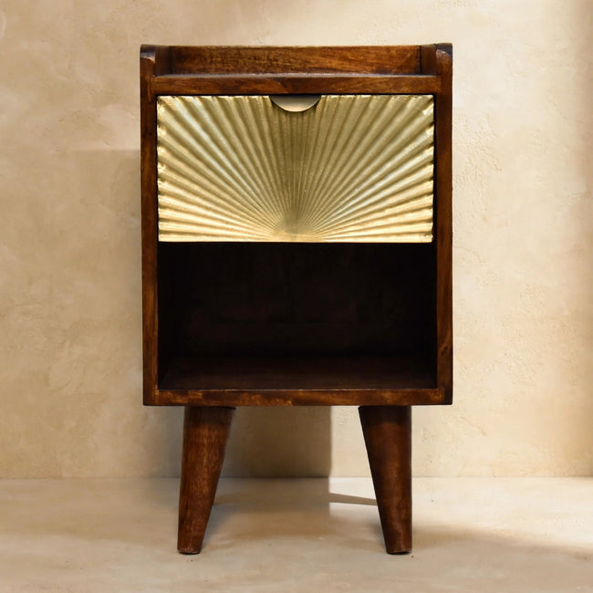Chestnut bedside table with Nordic-style legs and one drawer, styled next to a bed