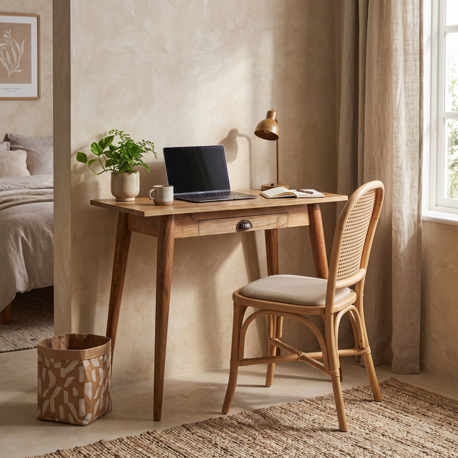 Mini Nordic style solid mango wood writing desk set up in a room