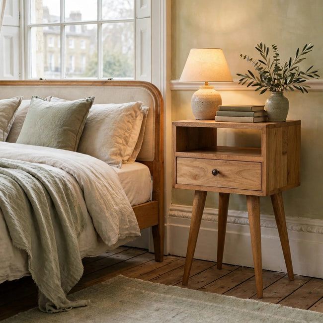 Mini oak-ish bedside table in solid mango wood styled in a bedroom