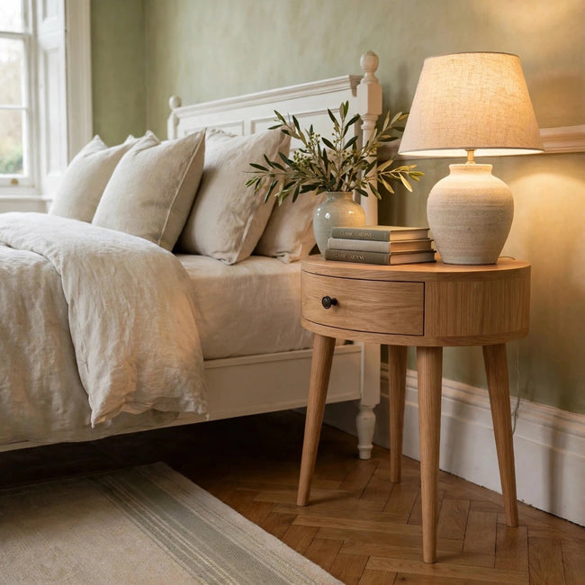 Mini circular mango wood bedside table with an oak-ish finish in a bedroom