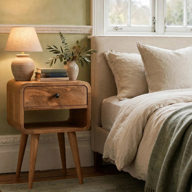 Mini mango wood bedside table with curved edges and an oak-ish finish in a bedroom