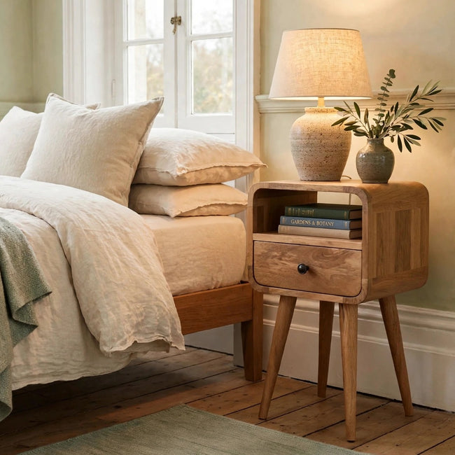 Mini Oakish Curve bedside table in solid mango wood with an oak-ish finish, shown in a bedroom