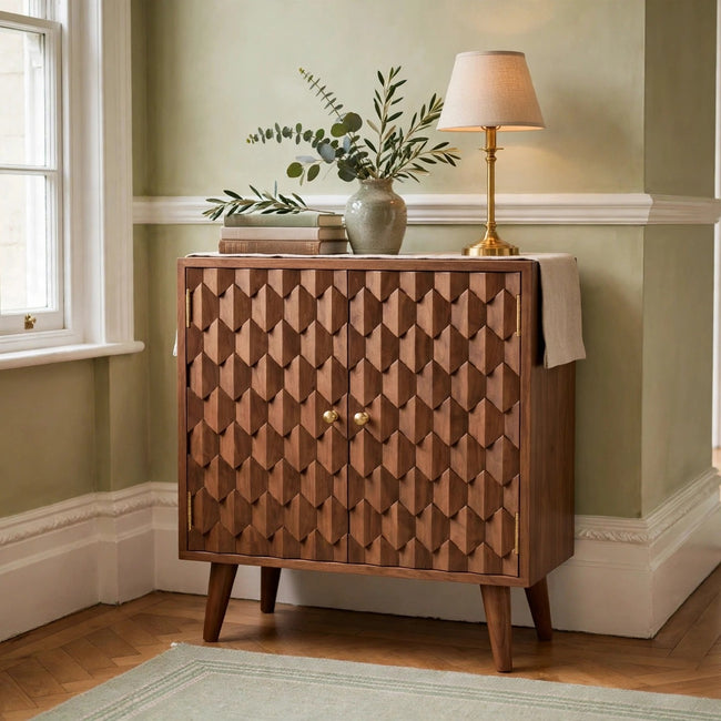 Mini pineapple carved light walnut cabinet with two doors in a living room