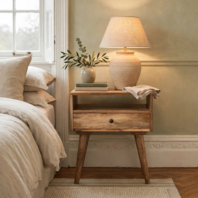 Modern mango wood bedside table with open slot and drawer, shown in a bedroom setting