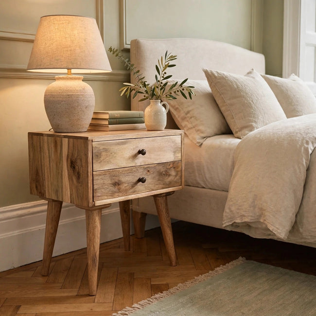 Solid mango wood bedside table with two drawers in a styled bedroom