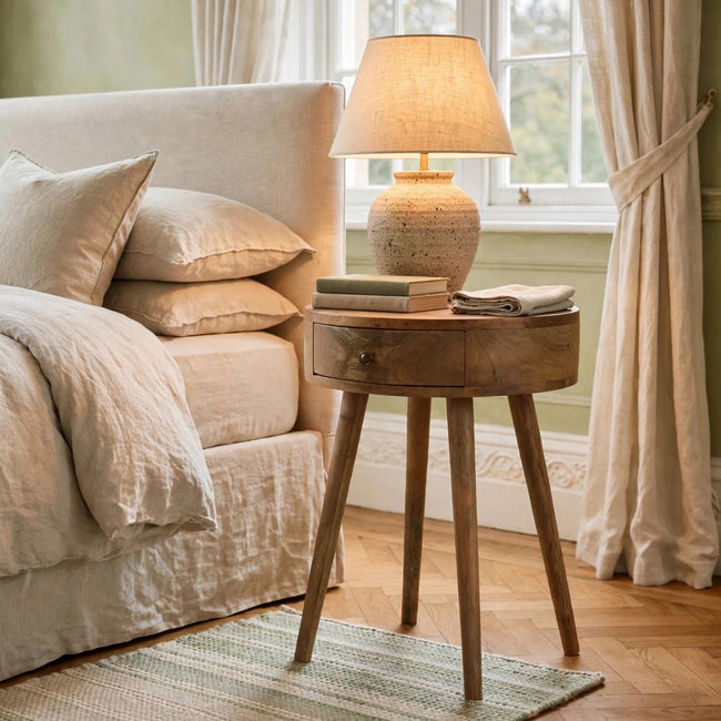 Round mango wood bedside table with oak-ish finish and round cut-out in a bedroom