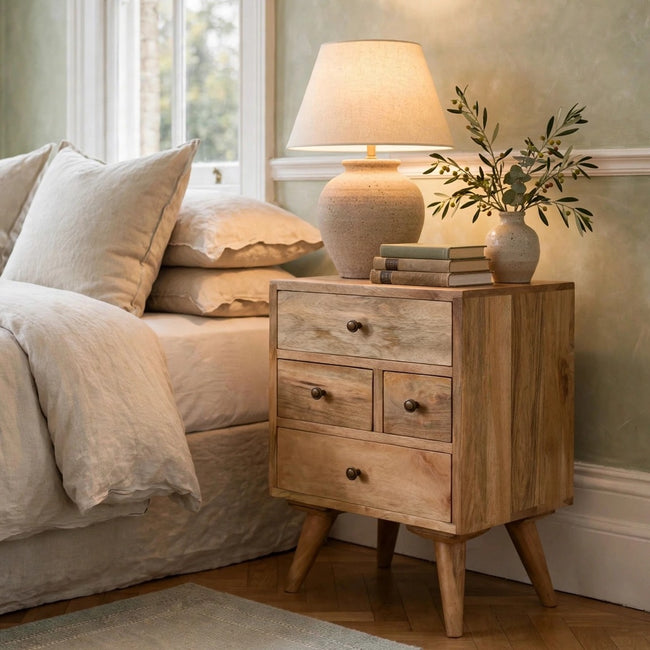 Nordic style 4 drawer bedside table in solid mango wood, shown in a bedroom setting