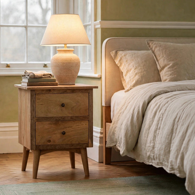 Nordic style mango wood bedside table with two drawers in a bedroom setting