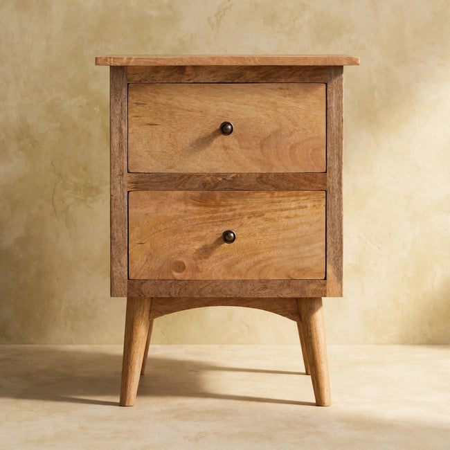Front view of a two-drawer bedside table with tapered legs and a natural oak-ish finish