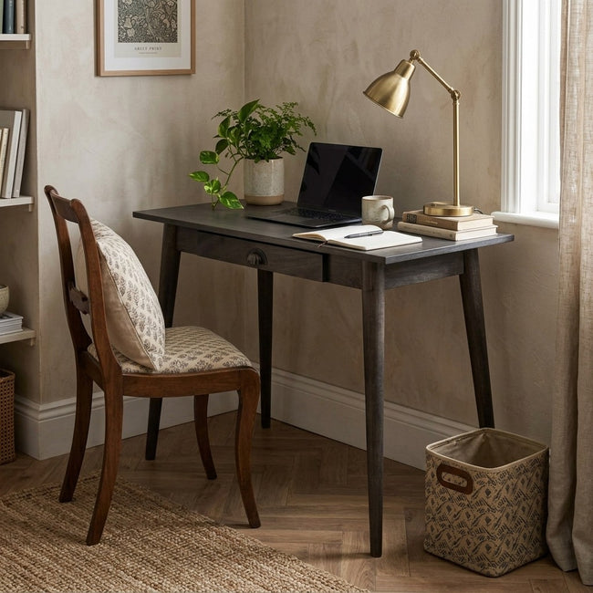 Nordic writing desk in Classic Grey solid mango wood, shown in a room setting