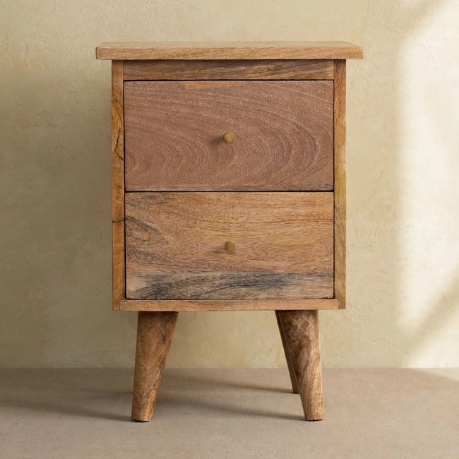 Front view of the Oak-ish bedside table with shiny drawer knobs and Nordic-style legs