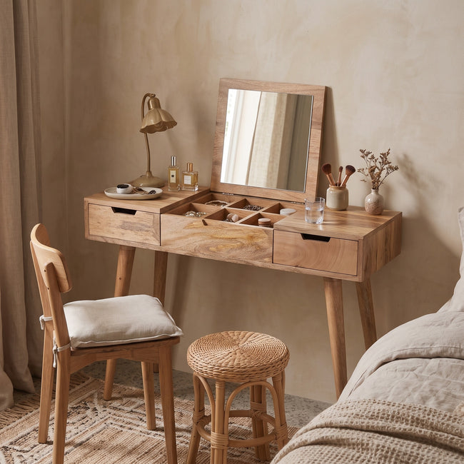 Oak-ish solid mango wood dressing table with foldable mirror in a bedroom