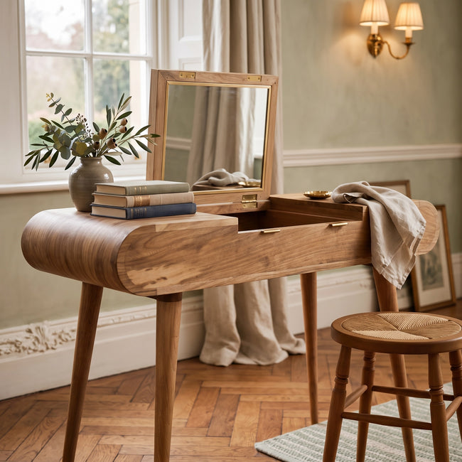Round solid mango wood dressing table with foldable mirror set up in a bedroom