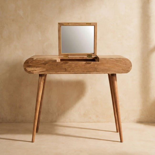 Oak-ish round dressing table with Nordic-style legs shown from the front
