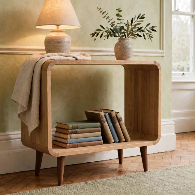 Open Oak-ish Media Unit in solid mango wood shown in a living room setting