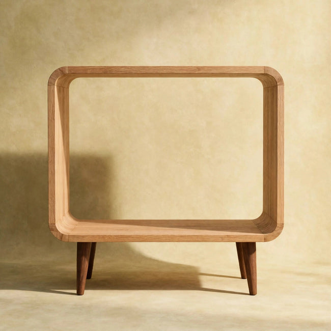 Oak-ish mango wood media unit with one open compartment, front view in a room