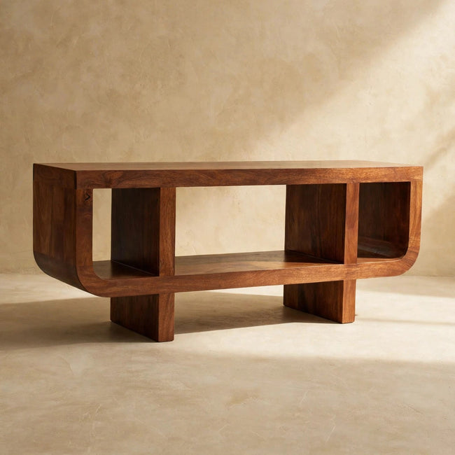 Front view of the Orion curved media unit showing its chestnut finish and block legs