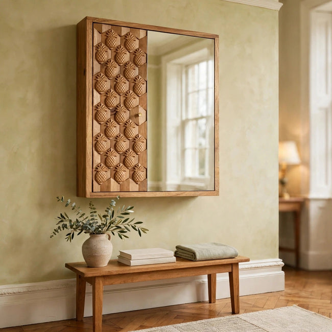 Pineapple carved mirror cabinet in solid mango wood with a grey base and oak-style top, shown in a room setting