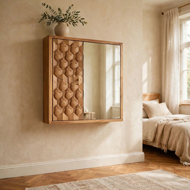 Pineapple carved mirror cabinet in solid mango wood with a sliding mirror, shown in a room setting