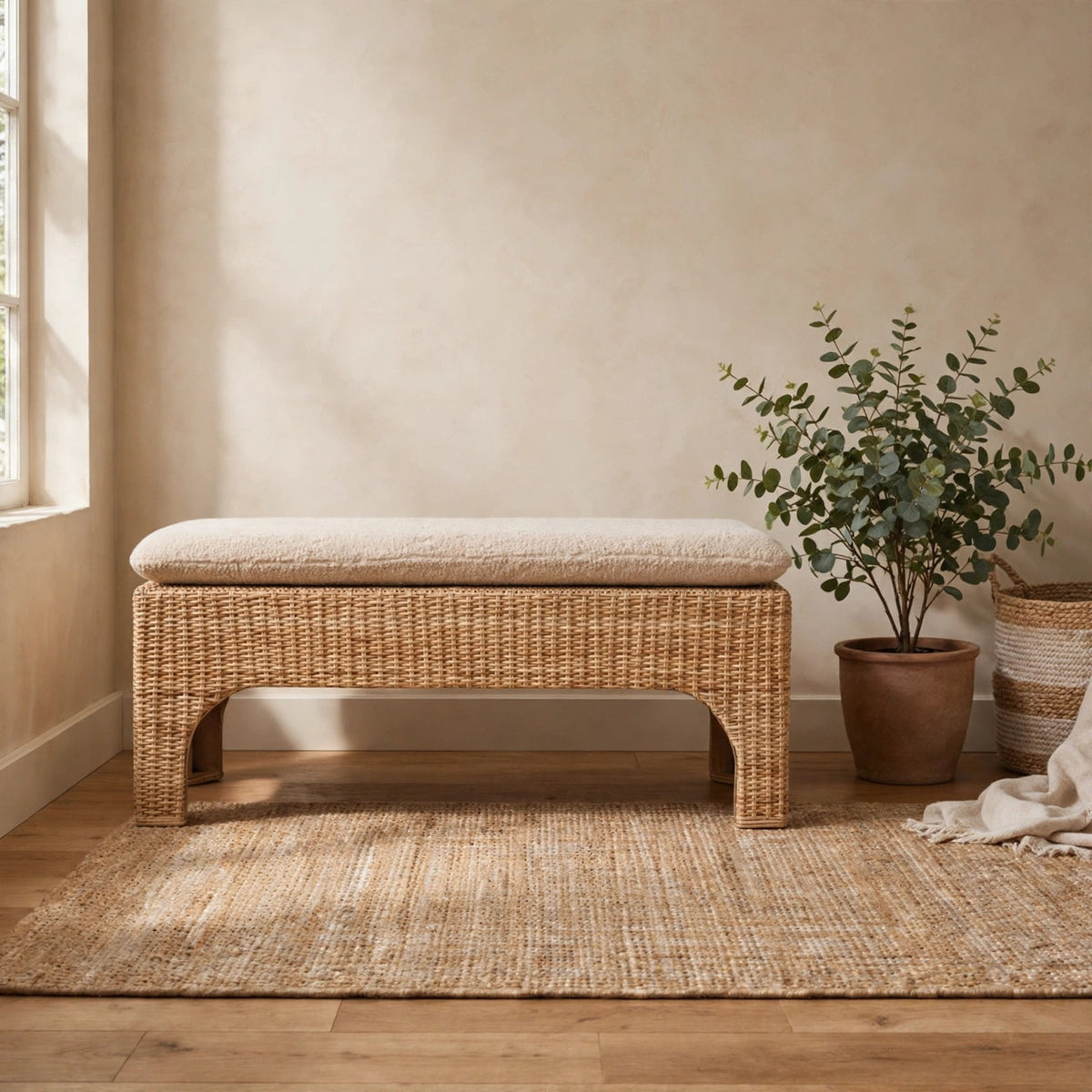 Rattan Harmony bench with handwoven rattan panel and cushioned seat in a styled room