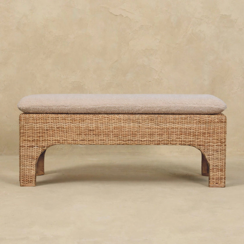 Rattan bench with solid mango wood frame placed in a home interior