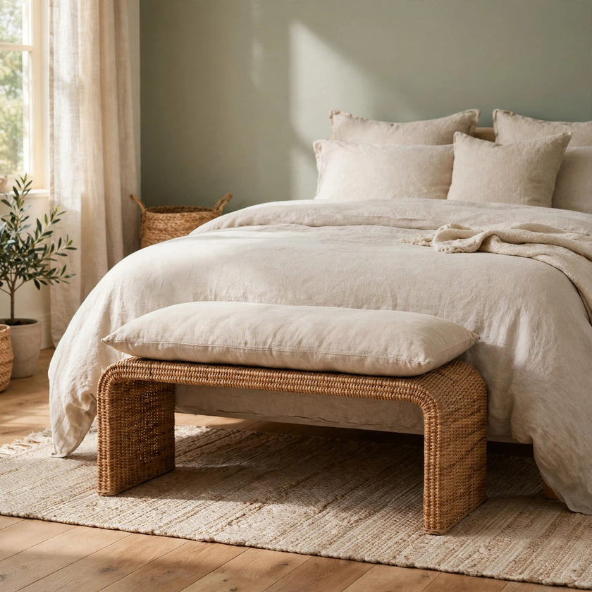 Rattan weave bench in solid mango wood styled in a room setting